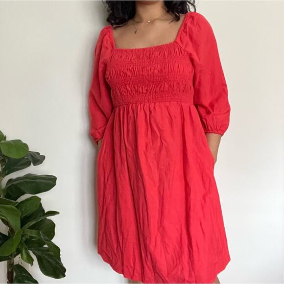 Ingrid + Isabel Maternity Peasant Mini Dress Medium Coral Red Cottagecore Linen - Picture 2 of 13